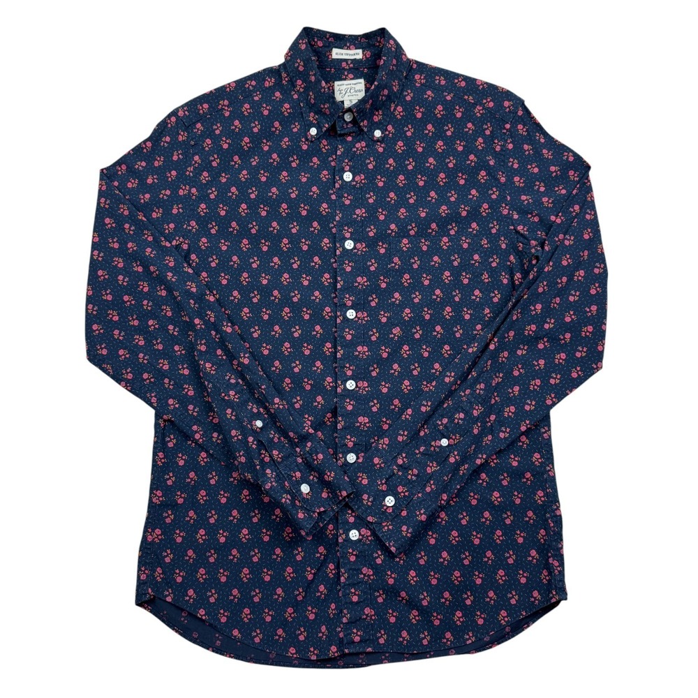 J. Crew Secret Wash Shirt Men S Navy Blue Slim Untucked Stretch Floral Pattern